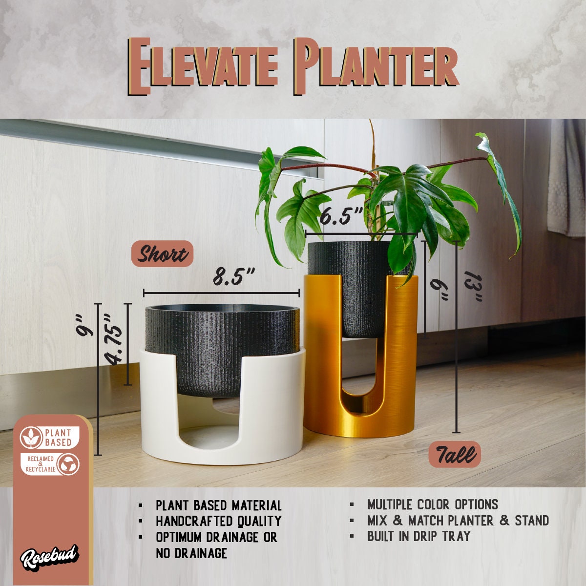 Mid-Century Modern Planter & Plant Stand Set with Drainage