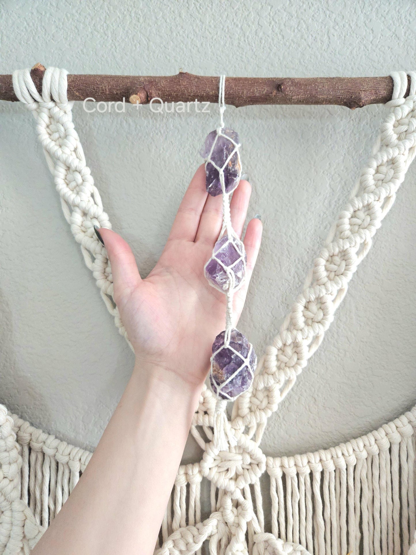 Extra large macrame wall hanging with 3 large amethyst crystals. Ready to ship.