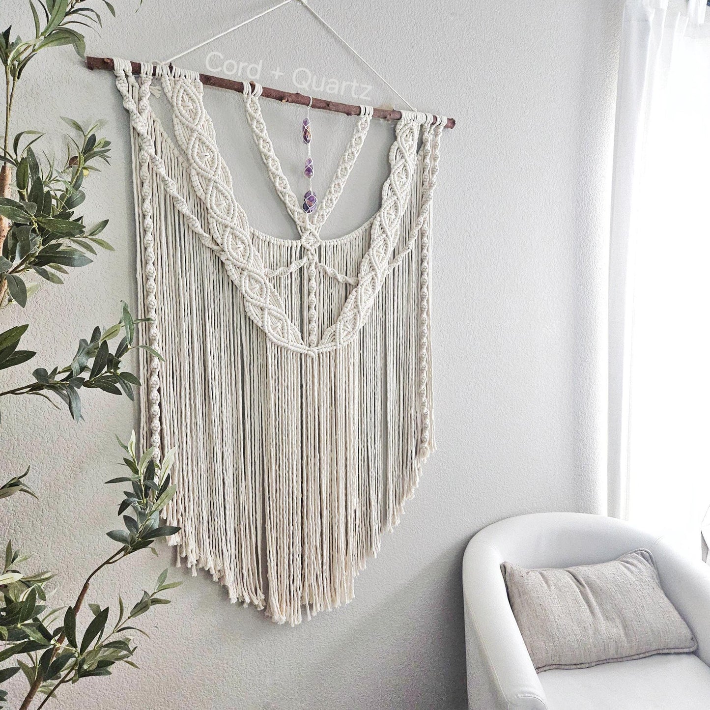 Extra large macrame wall hanging with 3 large amethyst crystals. Ready to ship.