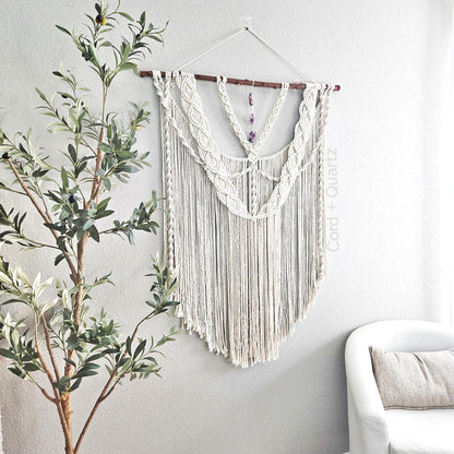 Extra large macrame wall hanging with 3 large amethyst crystals. Ready to ship.