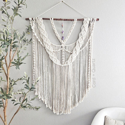 Extra large macrame wall hanging with 3 large amethyst crystals. Ready to ship.