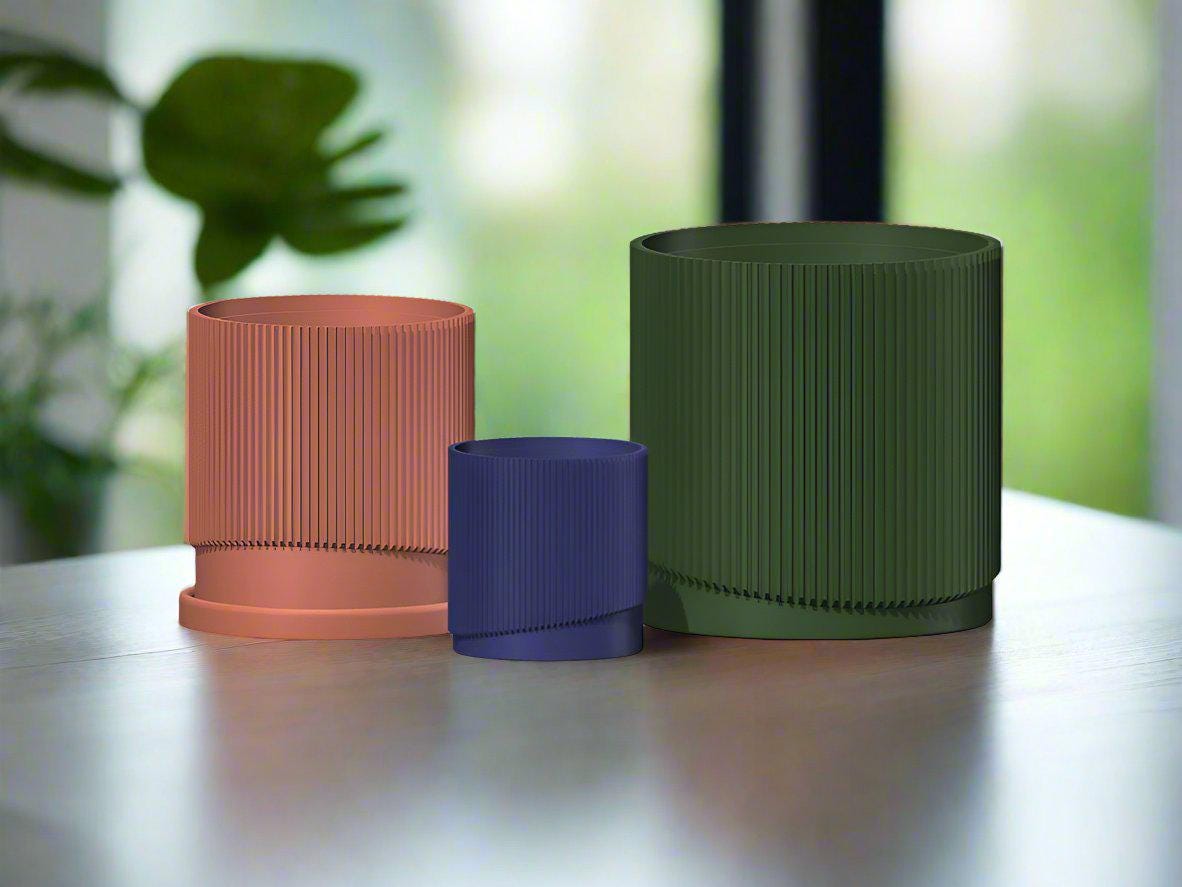 Mid-Century Ribbed Planter with Drainage | Modern 3D Printed Pot –