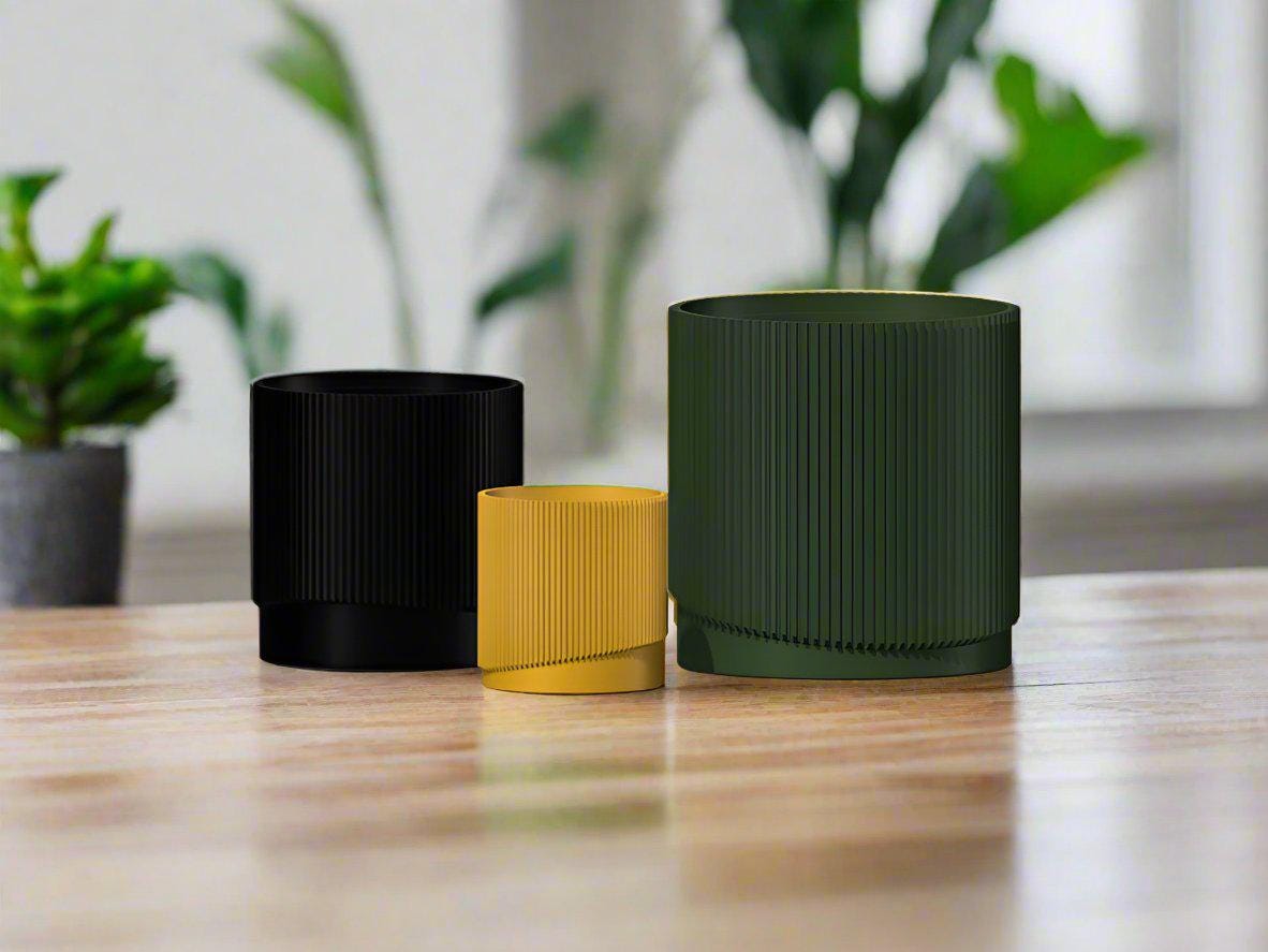 Mid-Century Ribbed Planter with Drainage | Modern 3D Printed Pot –