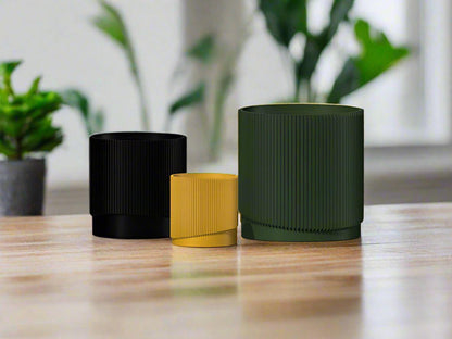 Mid-Century Ribbed Planter with Drainage | Modern 3D Printed Pot –