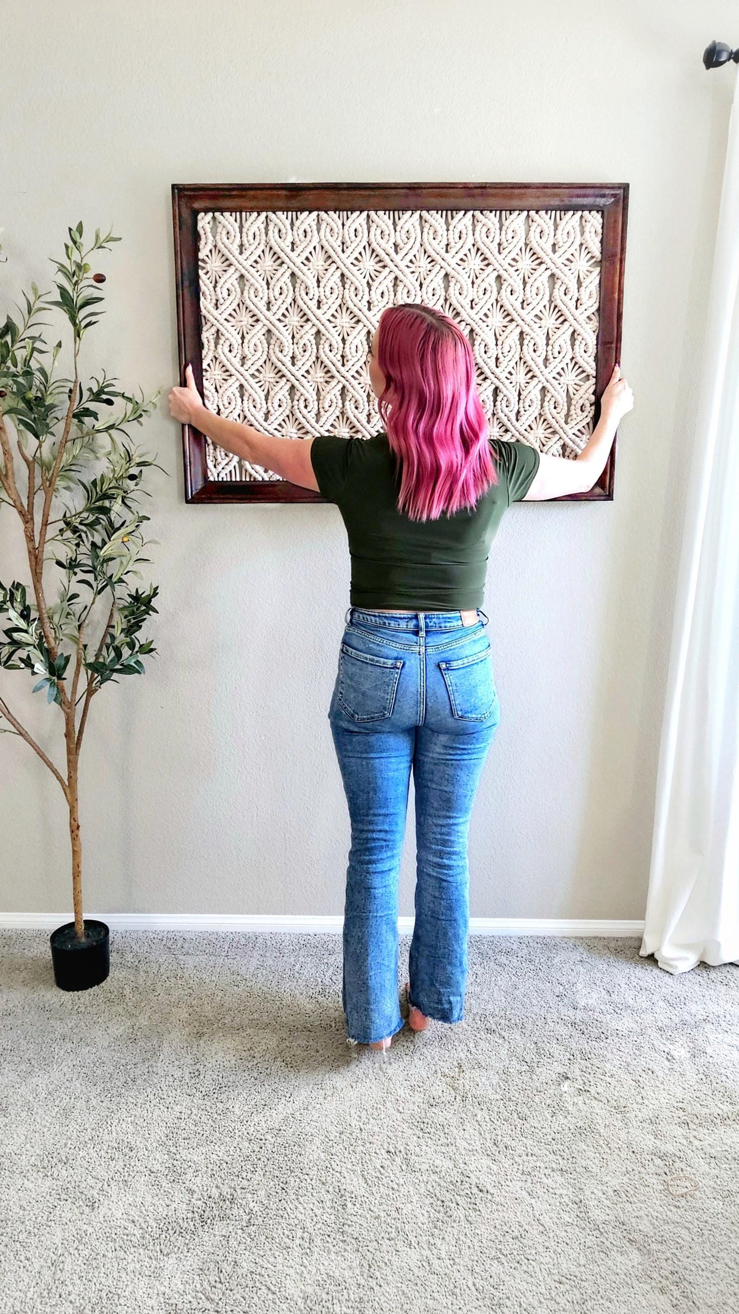 Extra large framed macrame wall hanging.