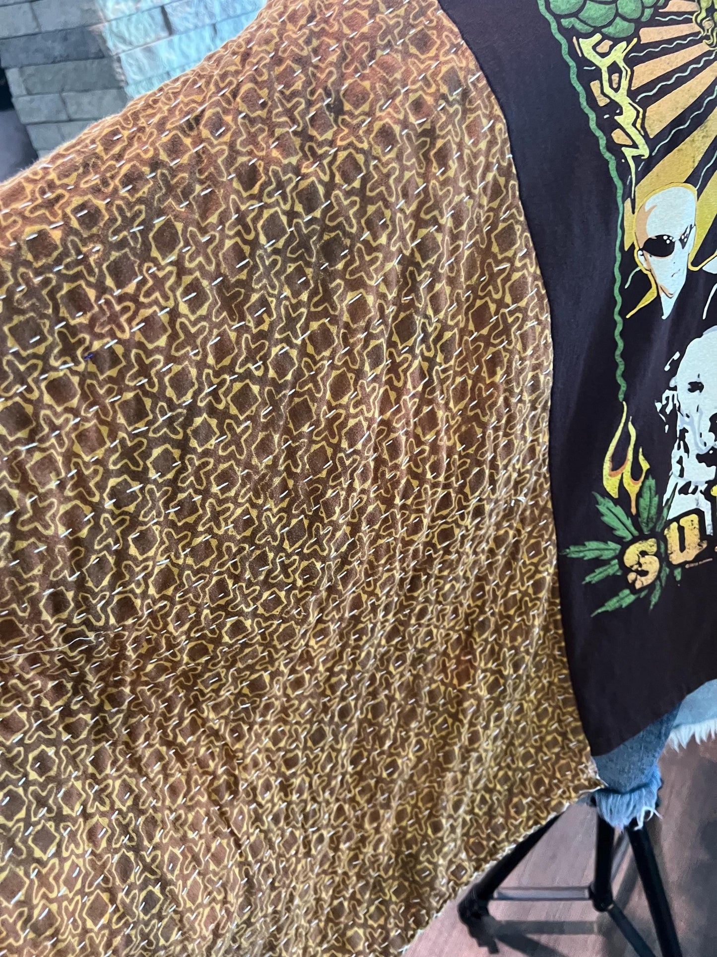 Upcycled Sublime Band Tee - Boho Kantha Sleeve Top – Upcycled