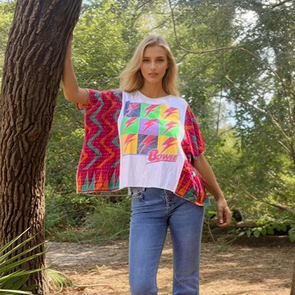 David Bowie Upcycled Tee | Kantha Sleeve Crop Top – Upcycled