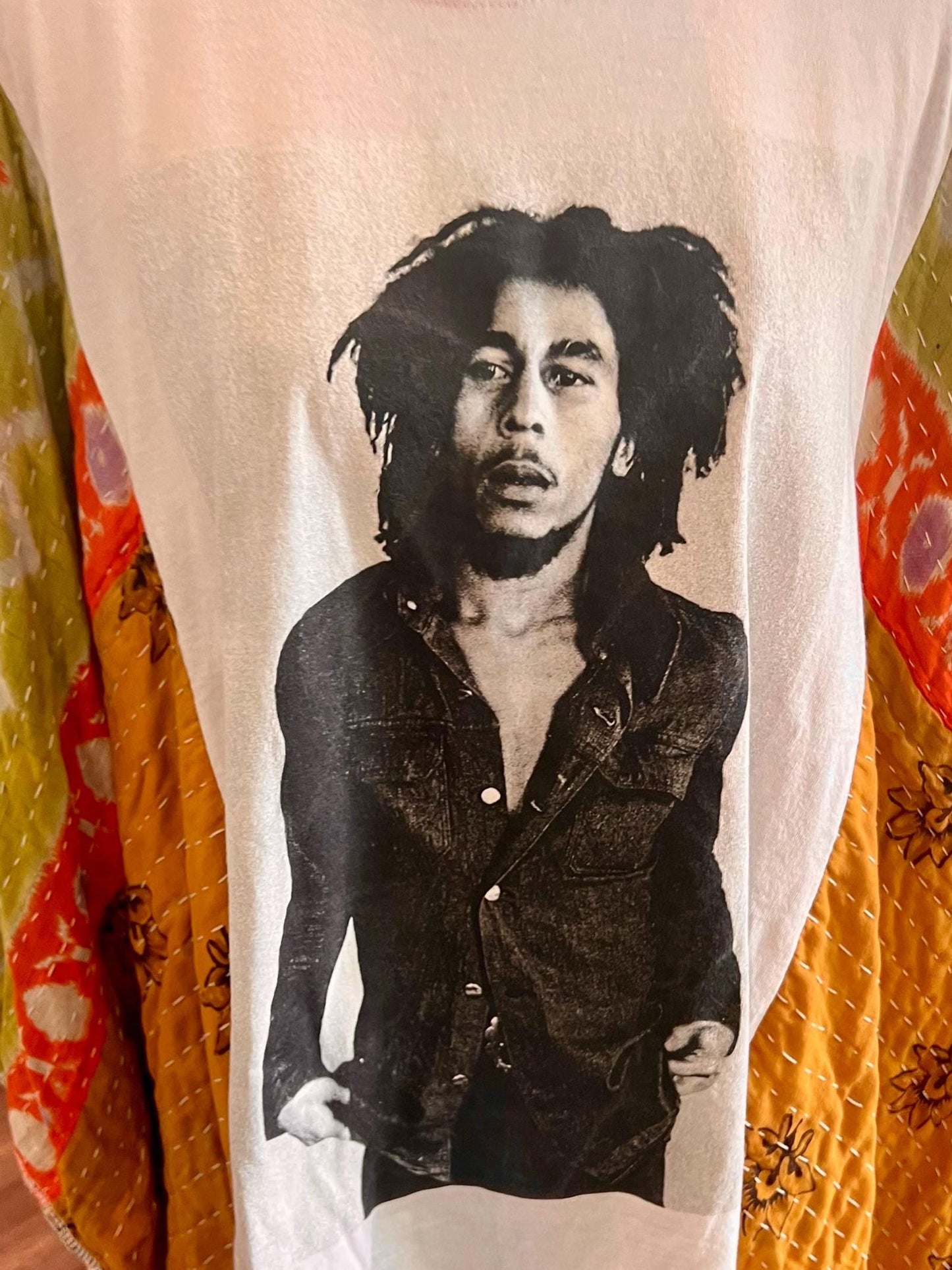 Bob Marley Upcycled Tee | Kantha Sleeve Boho Top – Up
