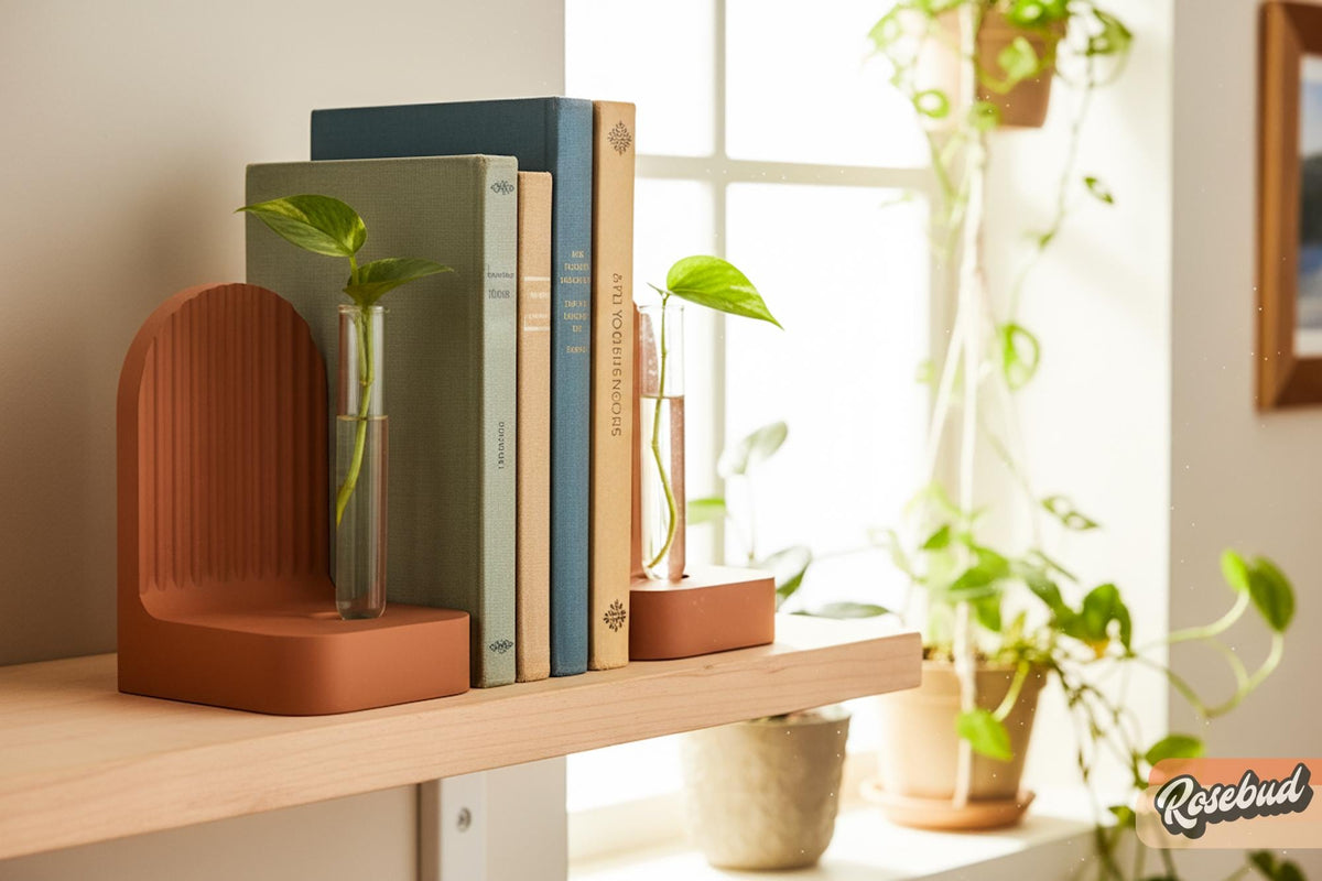 Modern Ribbed Bookend Propagation Station with Glass Tubes, Plant & Book Lover Gift