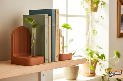 Modern Ribbed Bookend Propagation Station with Glass Tubes, Plant & Book Lover Gift