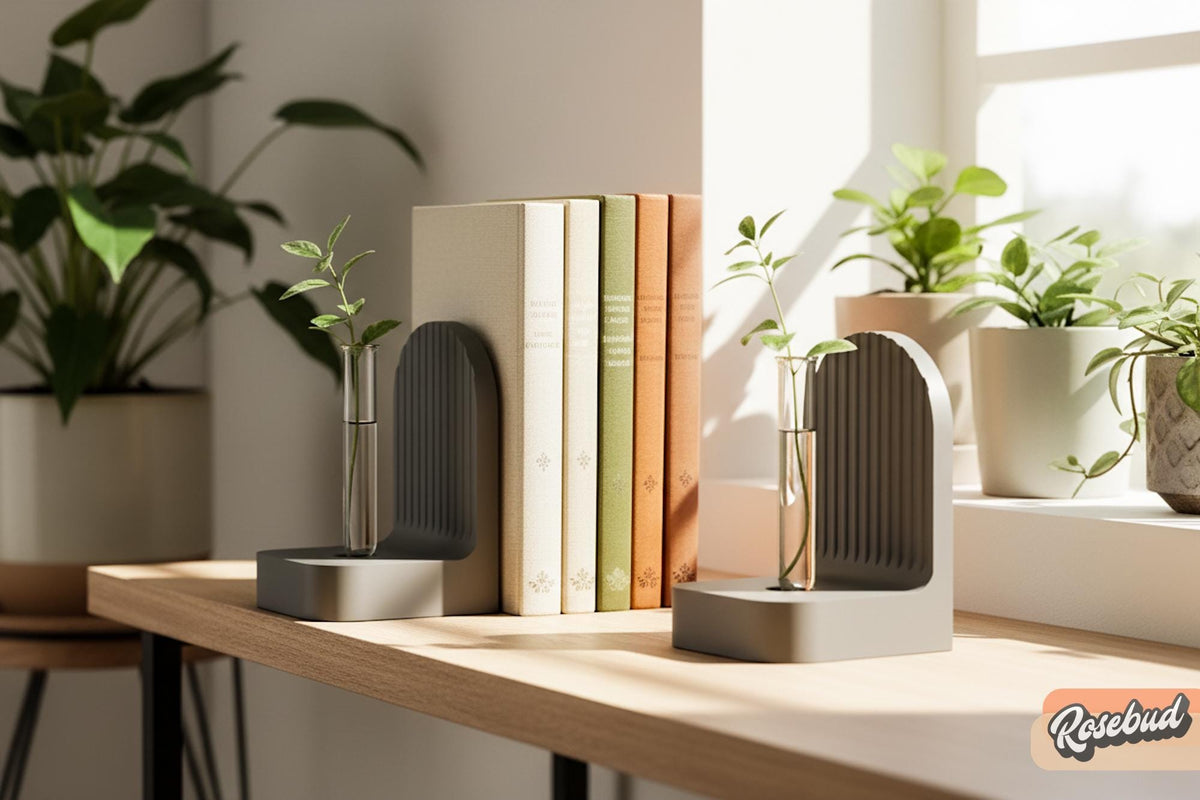 Modern Ribbed Bookend Propagation Station with Glass Tubes, Plant & Book Lover Gift