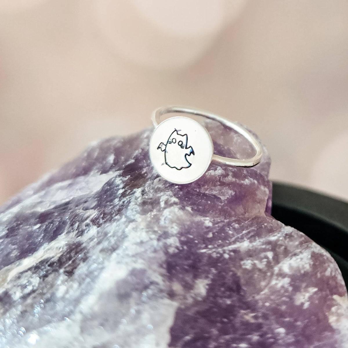 Halloween Ghost Cat Ring: Sterling Silver or Gold-Filled