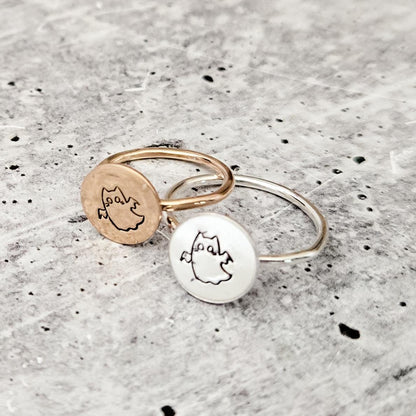 Halloween Ghost Cat Ring: Sterling Silver or Gold-Filled