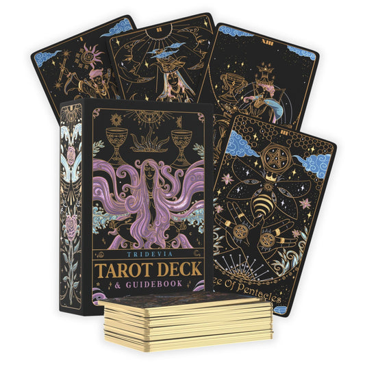 Tridevia Golden Foil Tarot Deck | 78 Cards + Affirmation Guidebook –