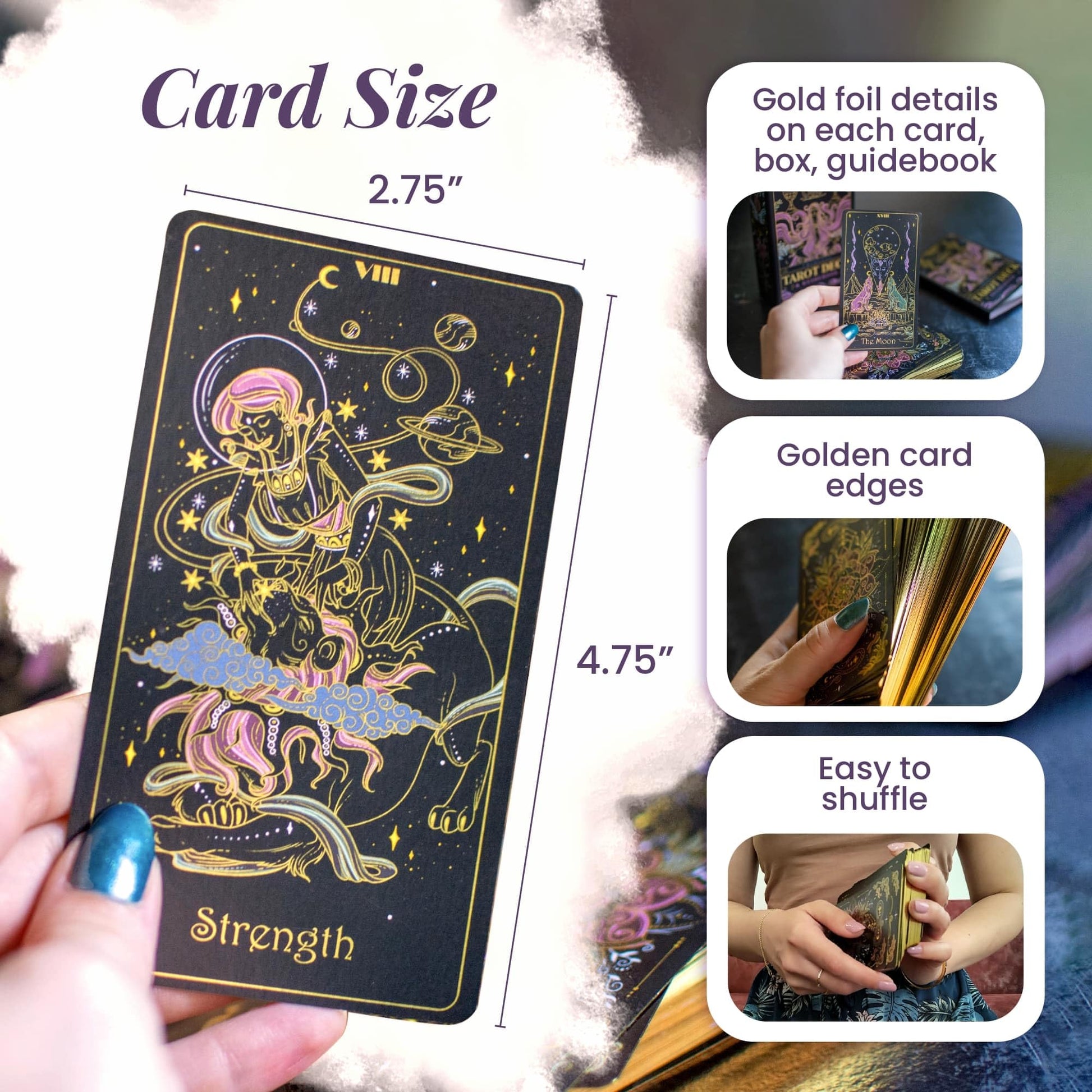 Tridevia Golden Foil Tarot Deck | 78 Cards + Affirmation Guidebook –