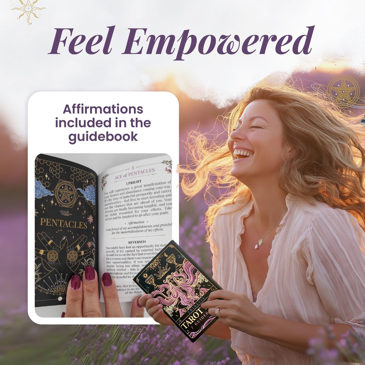 Tridevia Golden Foil Tarot Deck | 78 Cards + Affirmation Guidebook –