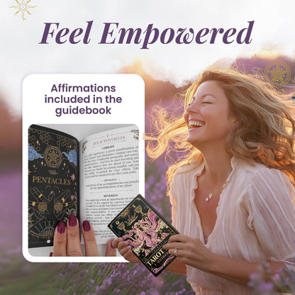 Tridevia Golden Foil Tarot Deck | 78 Cards + Affirmation Guidebook –