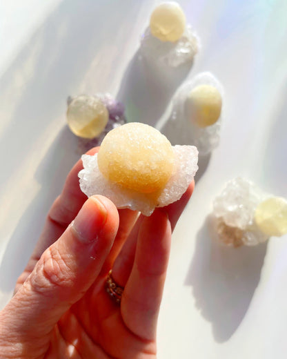 Rare Botryoidal Fluorite on Quartz “Fried Egg” –