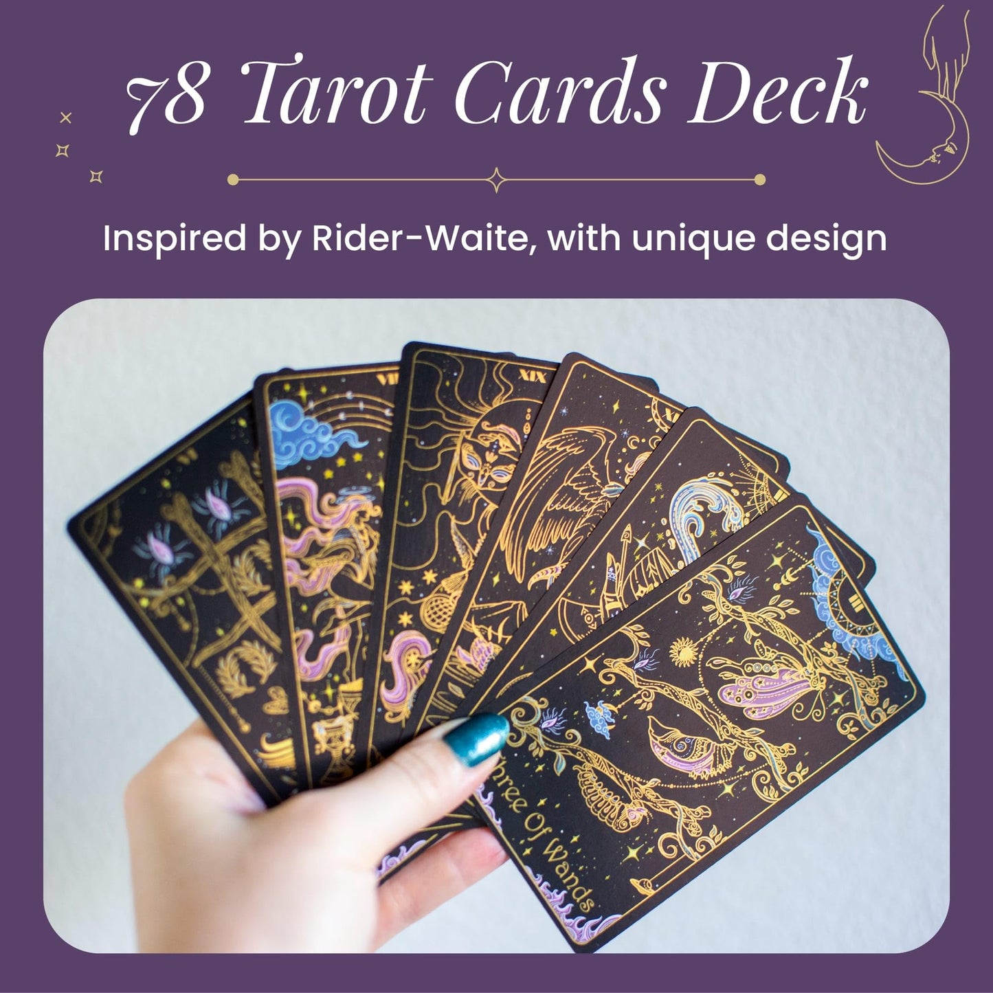 Tridevia Golden Foil Tarot Deck | 78 Cards + Affirmation Guidebook –