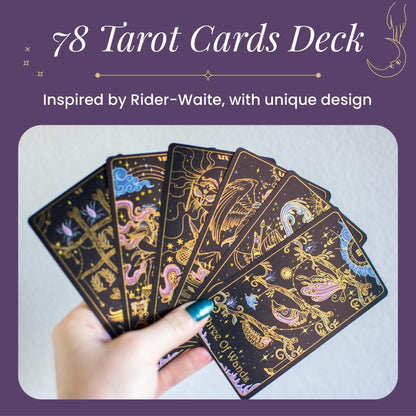 Tridevia Golden Foil Tarot Deck | 78 Cards + Affirmation Guidebook –