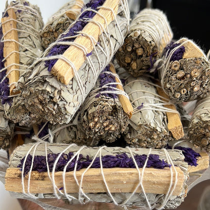 White Sage bundle with Lavender & Palo Santo - 4" - Native-Owned, Sustainably Harvested