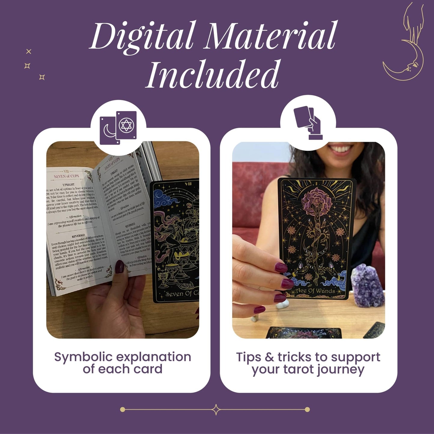Tridevia Golden Foil Tarot Deck | 78 Cards + Affirmation Guidebook –
