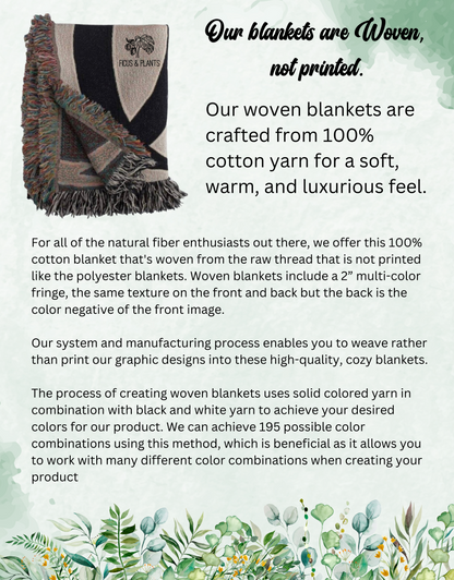 Insects and flowers woven blanket. Pink Flowers, Green Leaves Plants, White Mushrooms and Insects. Cute Mothers Day gift.