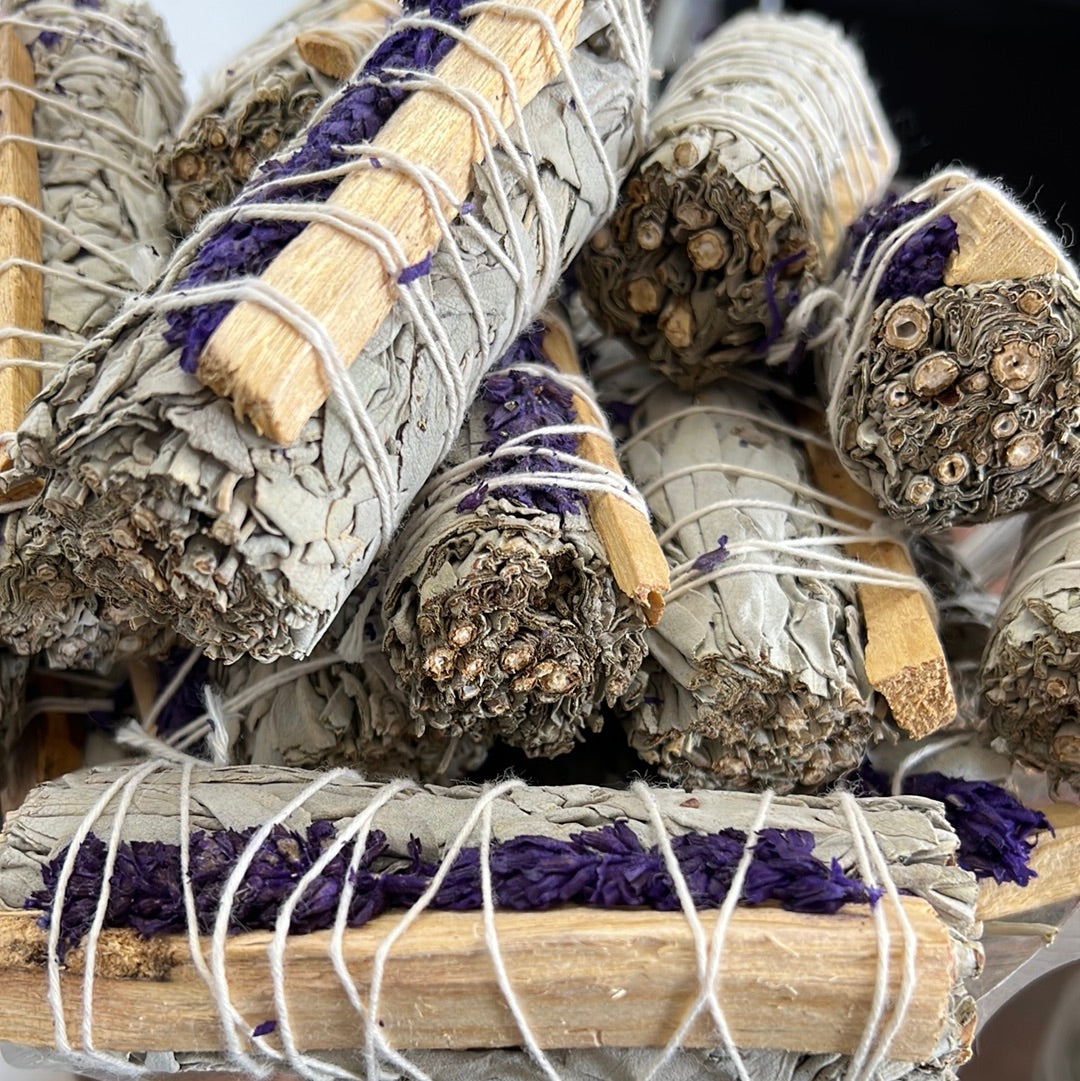 White Sage bundle with Lavender & Palo Santo - 4" - Native-Owned, Sustainably Harvested