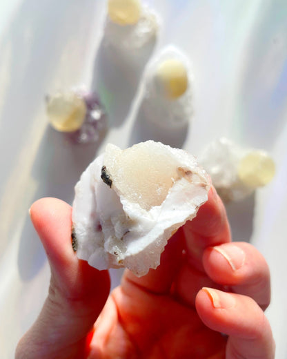 Rare Botryoidal Fluorite on Quartz “Fried Egg” –