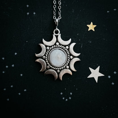 Lunar Witch Necklace - Rainbow Moonstone Pendant – Silver Tone Necklace