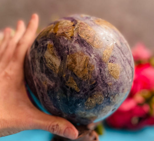 Huge Rainbow Fluorite Sphere – 8+ lbs Crystal Ball with Stand (5.5") –