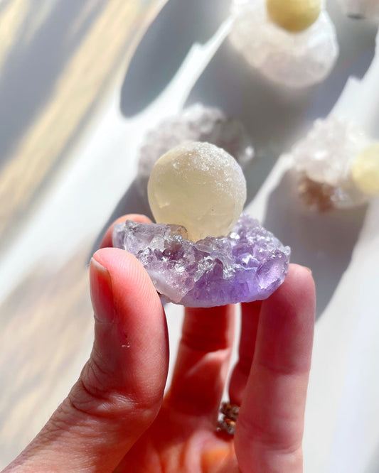 Rare Botryoidal Fluorite on Amethyst “Fried Egg” –
