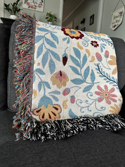 Flowers Woven Blankets. Colorful blanket for picnic or tapestry. Talavera Blanket. Mexican Flowers tapestry bla ket. Plant blanket for her.