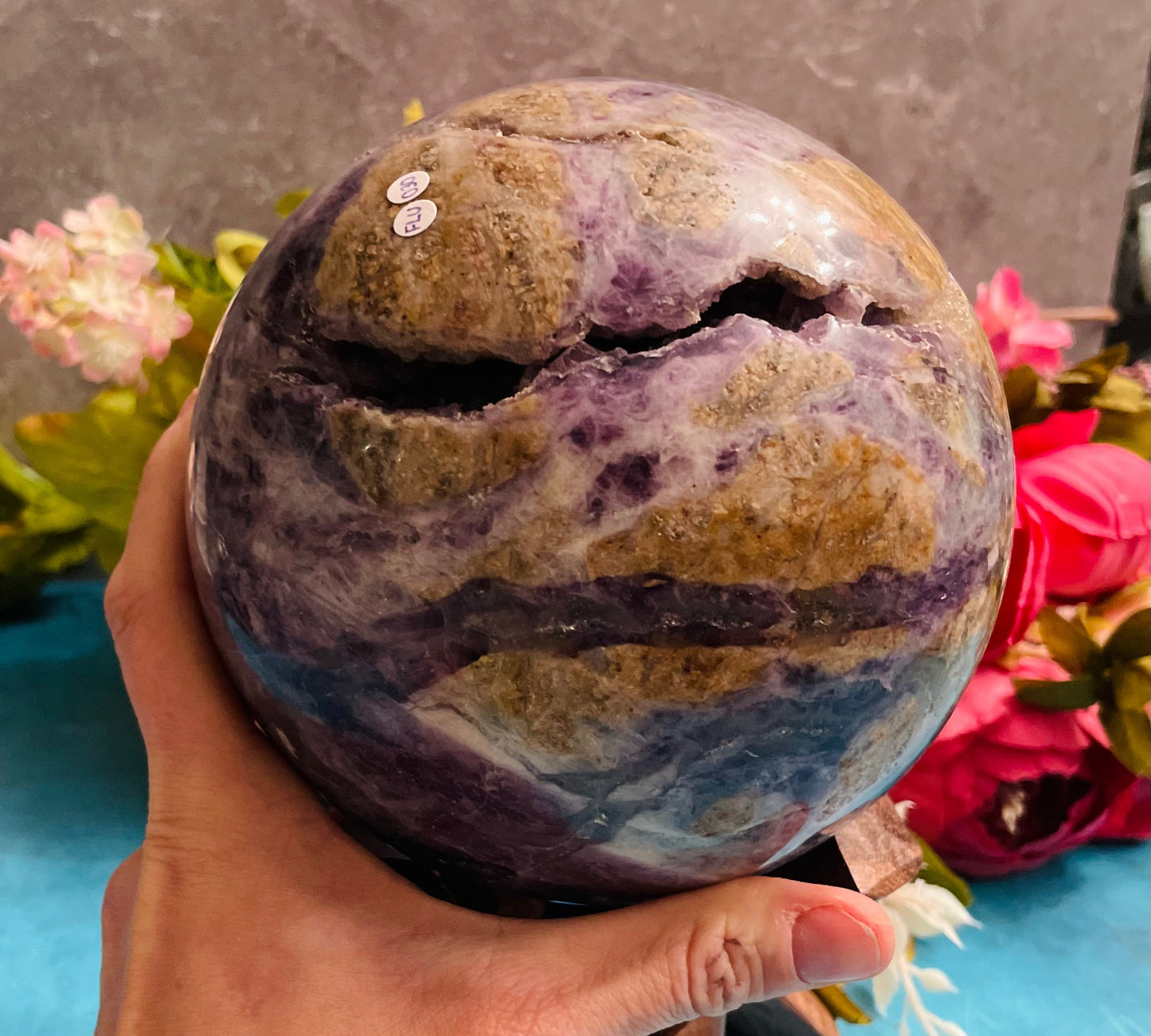 Huge Rainbow Fluorite Sphere – 8+ lbs Crystal Ball with Stand (5.5") –