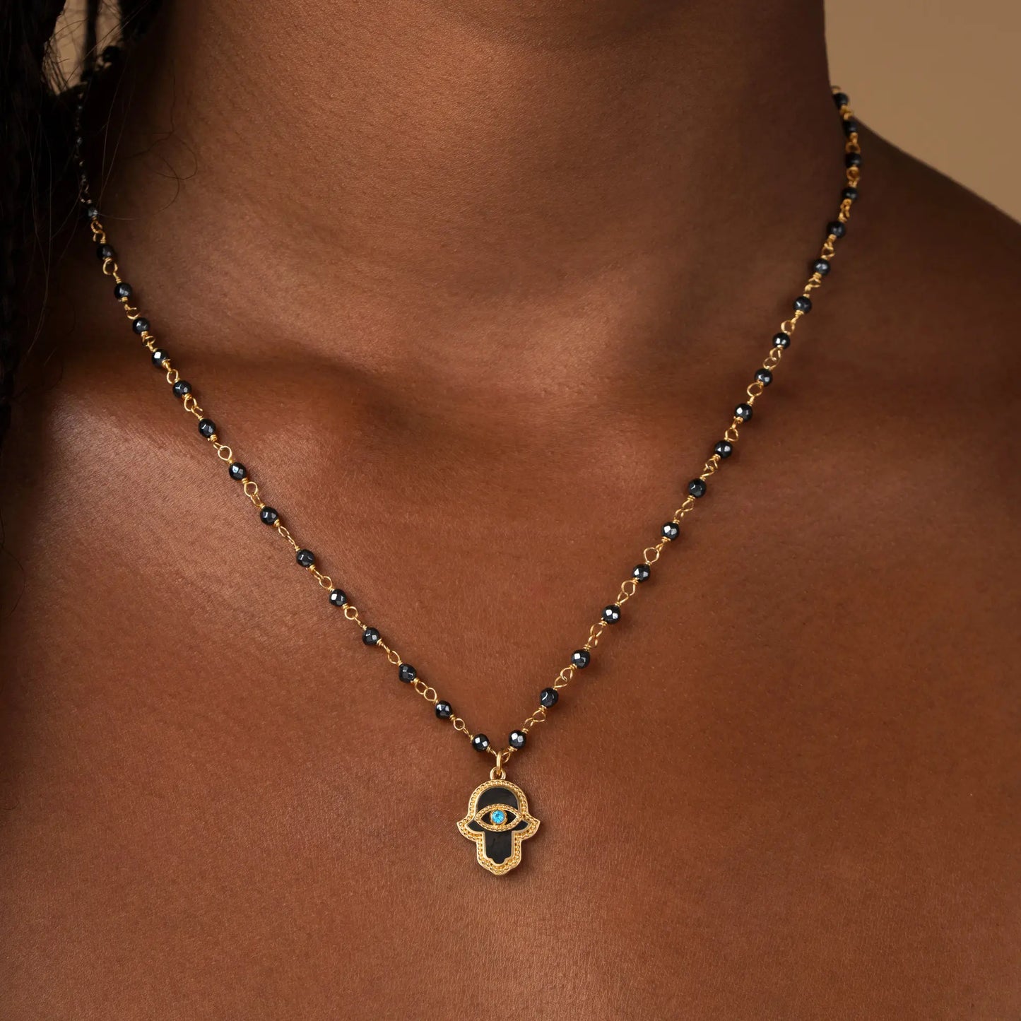 Celestial Flow – Hamsa Hematite & Aquamarine Necklace – Necklaces - Womens