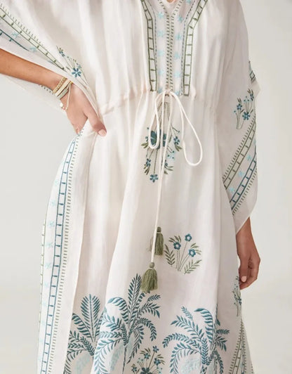 Alljoy Landing Palm Tree Embroidered Long Kaftan - Linen Resort Wear