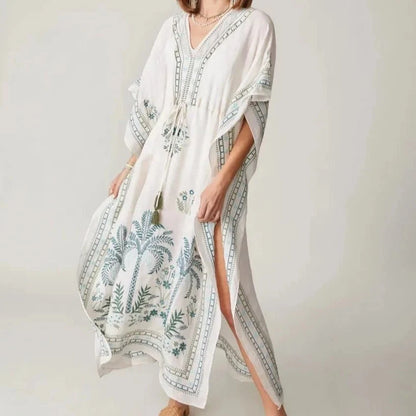 Alljoy Landing Palm Tree Embroidered Long Kaftan - Linen Resort Wear