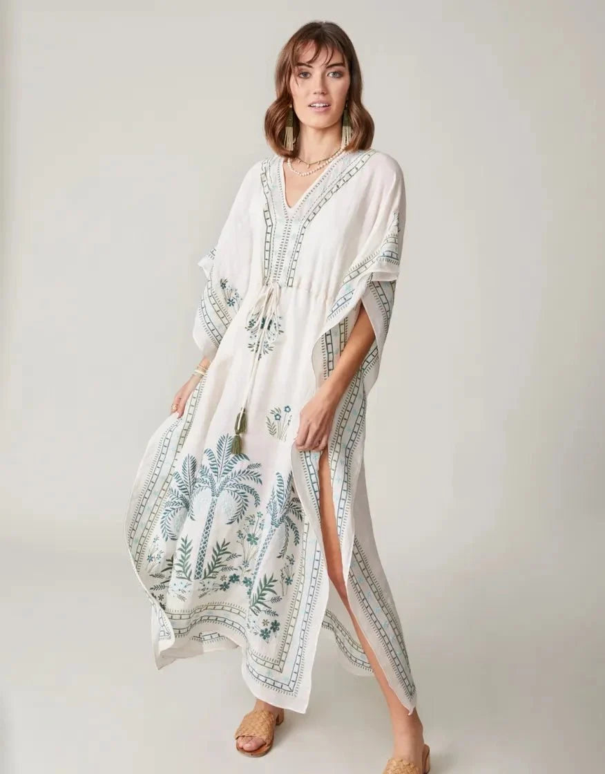 Alljoy Landing Palm Tree Embroidered Long Kaftan - Linen Resort Wear