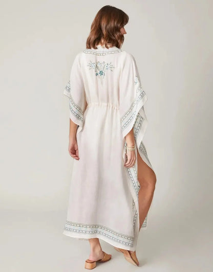 Alljoy Landing Palm Tree Embroidered Long Kaftan - Linen Resort Wear