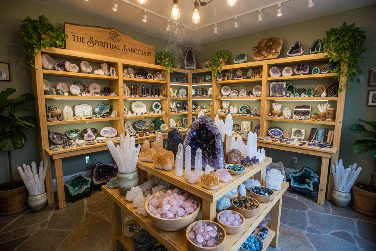make a photo of a bunch of crystals in a metaphysical shop. 