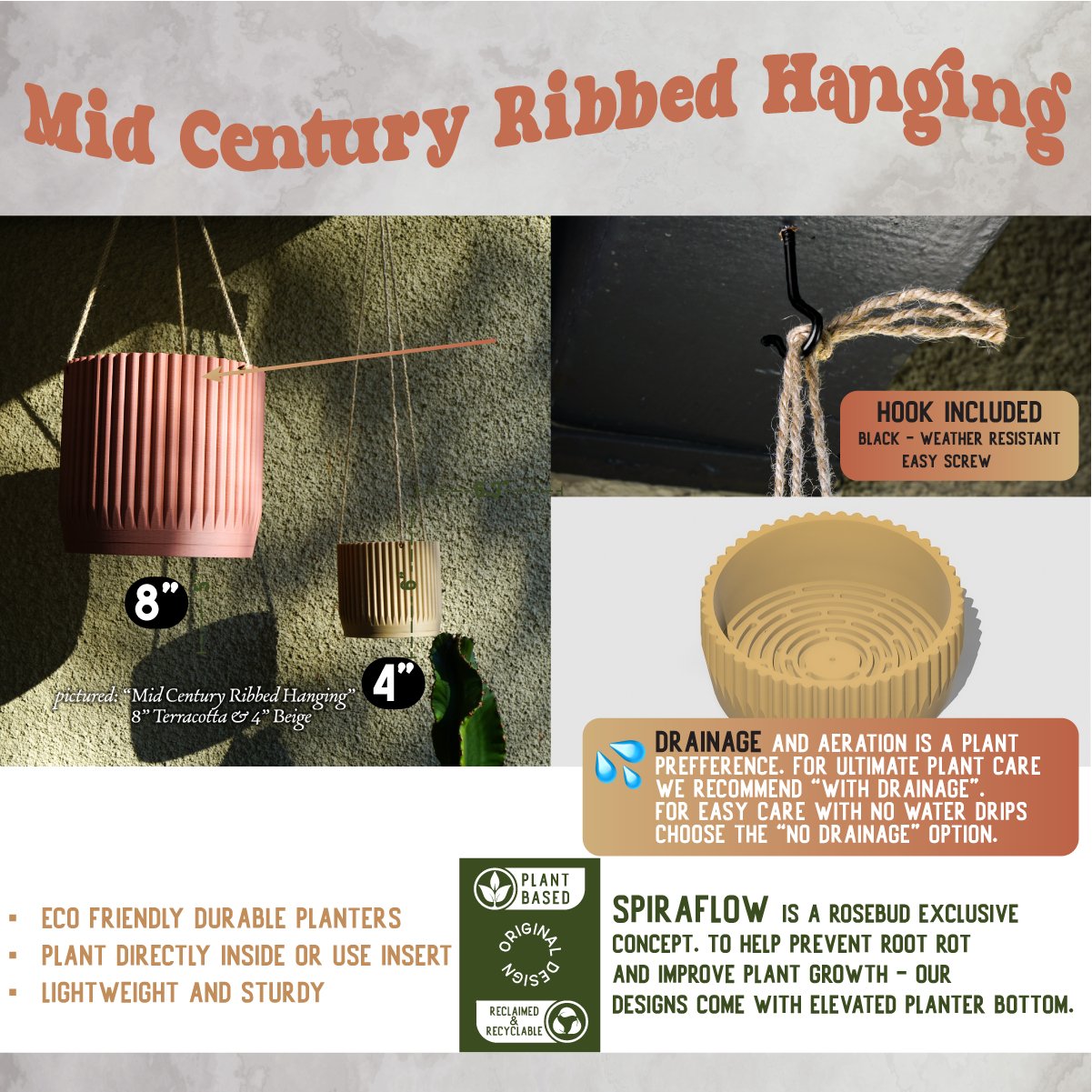 Mid-Century Ribbed Hanging Plant Pots | 3D Printed Planter – Hanging Planter