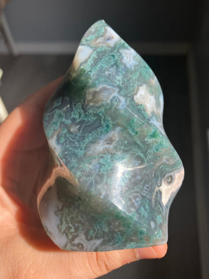 Moss Agate Flame – 3.5" to 4" Crystal with Druzy Pockets