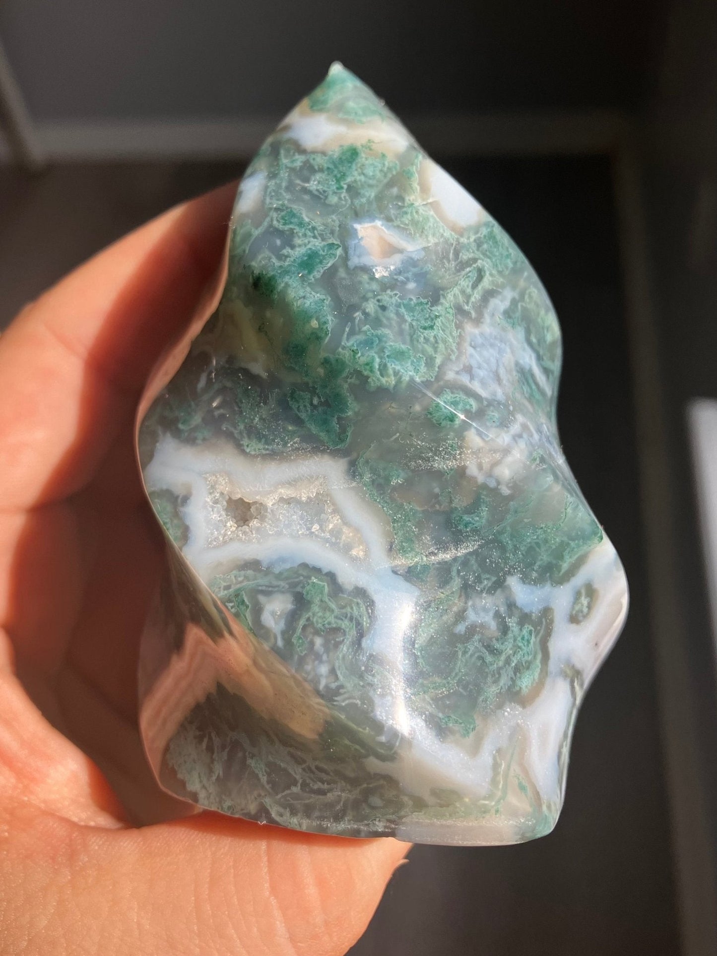 Moss Agate Flame – 3.5" to 4" Crystal with Druzy Pockets