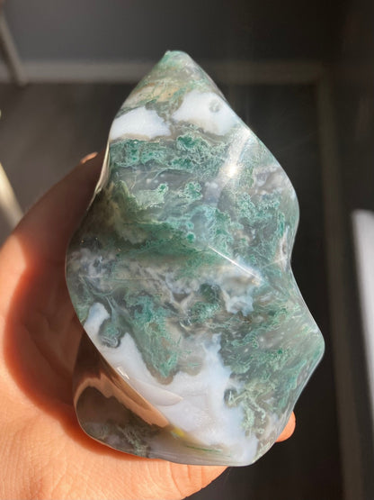 Moss Agate Flame – 3.5" to 4" Crystal with Druzy Pockets