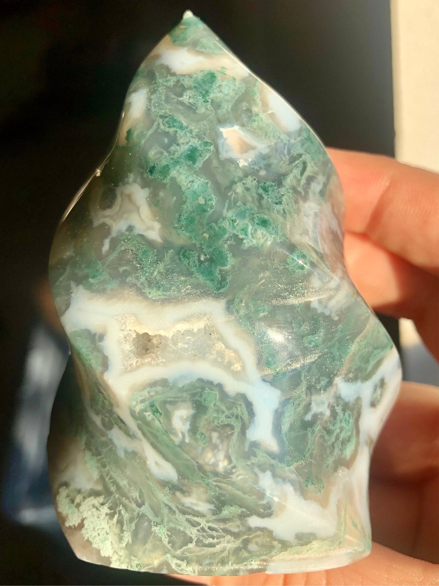 Moss Agate Flame – 3.5" to 4" Crystal with Druzy Pockets
