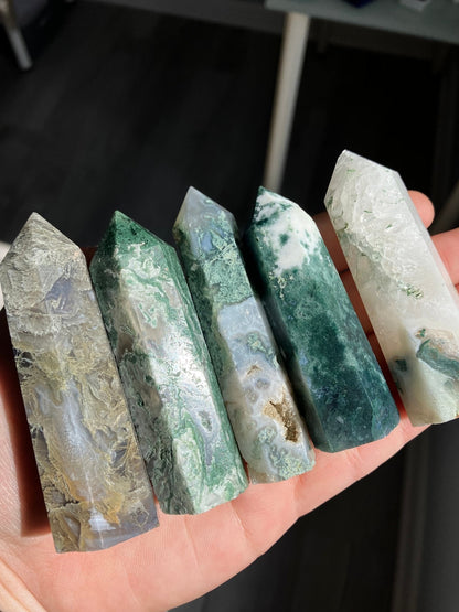Moss Agate Tower – 3" Polished Crystal Point