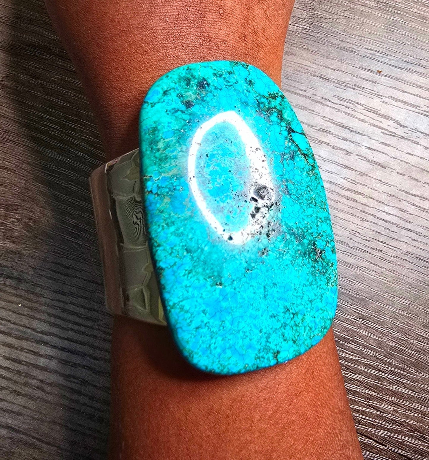 Natural Large Blue Turquoise and Silver Bangle