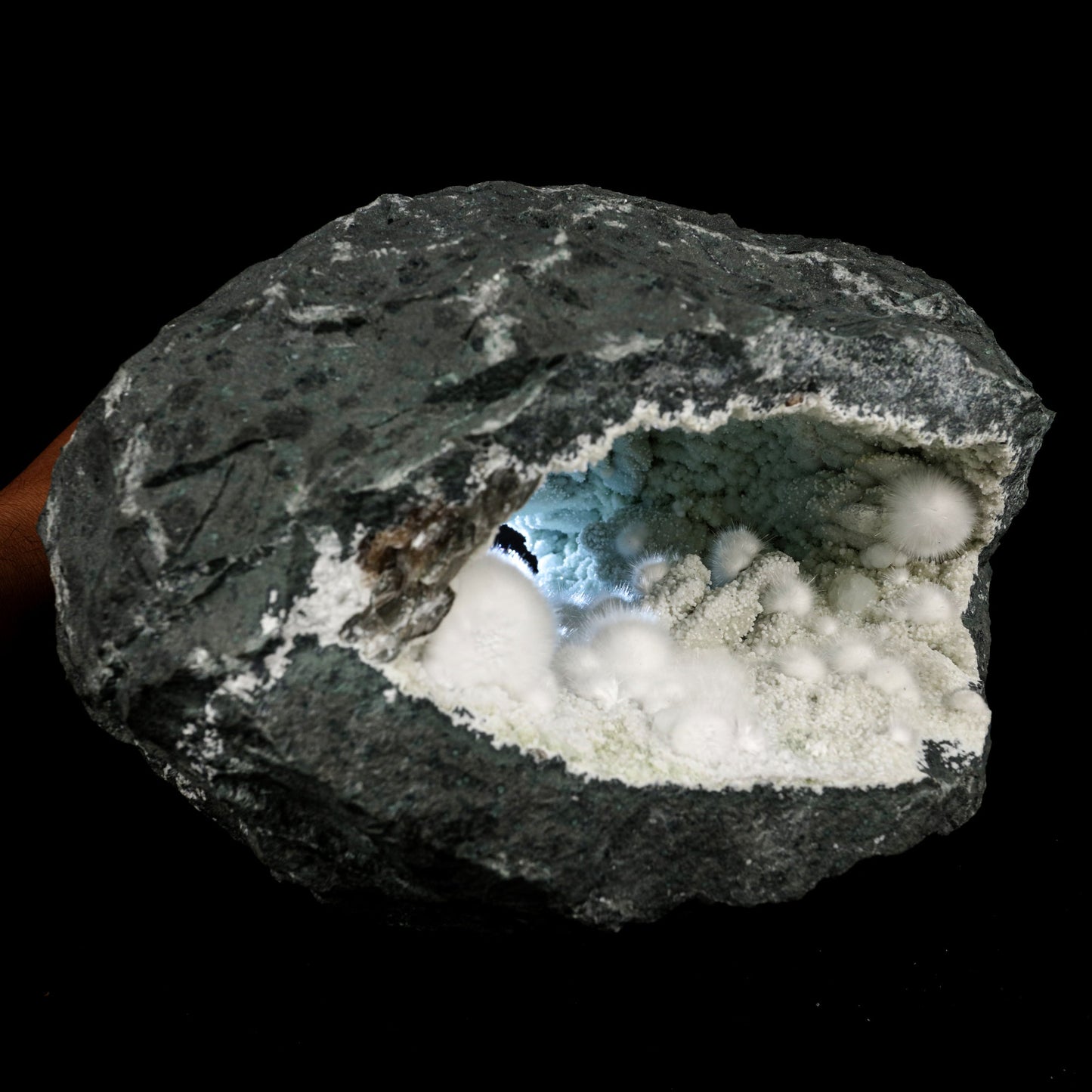 Okenite Big Puffballs Inside with Gyrolite inside Geode Natural Mineral Specimen – Okenite