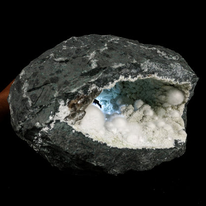 Okenite Big Puffballs Inside with Gyrolite inside Geode Natural Mineral Specimen – Okenite