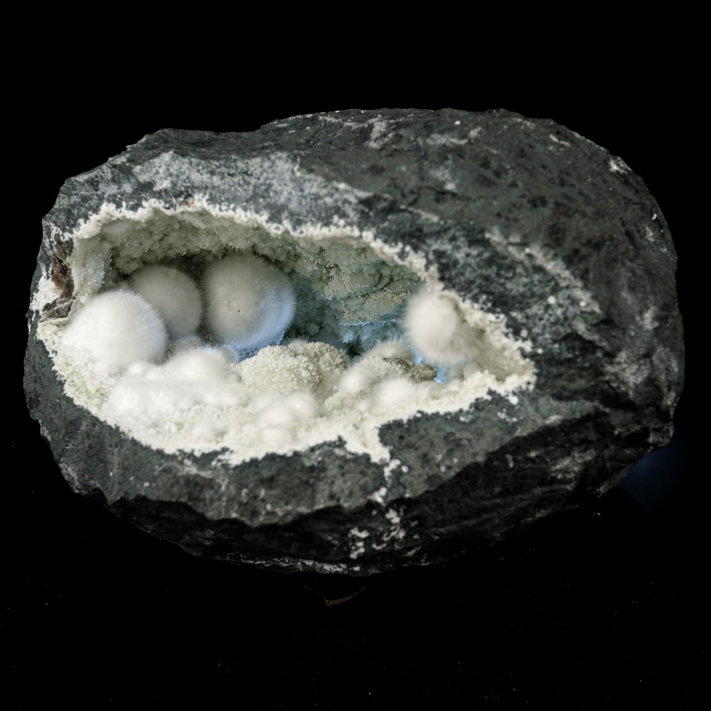 Okenite Big Puffballs Inside with Gyrolite inside Geode Natural Mineral Specimen – Okenite